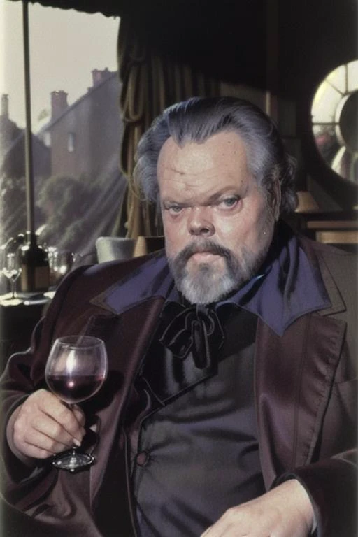 vintage color photograph 1970s, Orson Welles wearing velvet smoking jacket, relaxing in mid century mansion interior, glass of wine <lora:OrsonWelles:1>