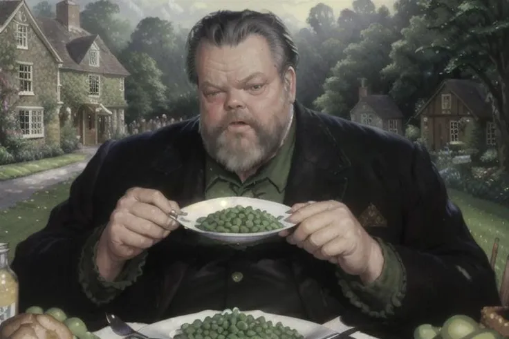 oil painting by Thomas Kinkade of Orson Welles eating a plate of peas at a charming English farm <lora:OrsonWelles:1>