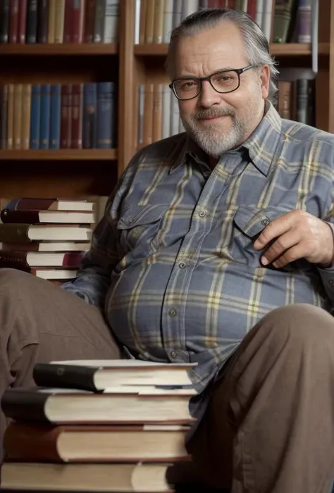 (A medium photo of a oldman,ow1),fat belly,wearing(plaid shirt,glasses),sitting on ground,spread legs,smile,library,(many books scattered on the ground),messy
best quality, masterpiece, 4k, ultra detailed, sharp focus, 8k, high definition, insanely detailed, intricate:1.2)
<lora:OrsonWelles-10:0.8>