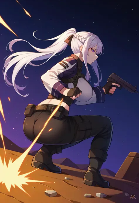 score_9, score_8_up, source_anime  BREAK solo, 1girl, full body, 
 <lora:Ak12PdxlDwnsty-000008:1>, ak12chick, purple eyes, white hair, long hair, sidelocks, ponytail, hair ribbon, french braid,black tactical clothes, multicolored jacket, long sleeves, black gloves, partially fingerless gloves, black pants,ak-12, weapon gun, holding gun, aiming, black boots, ass, own hands together, 
curvy, large breasts, serious, 
desert, night, starry sky, ammunition belt, firing, explosion, war, from side, squatting, destroyed building, broken glass, dutch angle, action, dust, smoke,