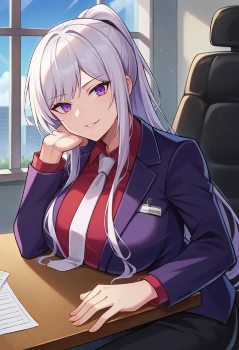 score_9, score_8_up, source_anime  BREAK solo, 1girl, cowboy shot, looking at viewer, 
 <lora:Ak12PdxlDwnsty-000008:1>, ak12suit, purple eyes, white hair, ponytail, sidelocks, long hair, red shirt, white necktie, collared shirt, formal, business suit, black jacket, black pants, elbows on table, behind desk, own hands together, interlocked fingers, head rest, head tilt, 
curvy, large breasts, serious, smirk,
indoors, office, office chair, window, desk, dimly lit, sitting, on chair,