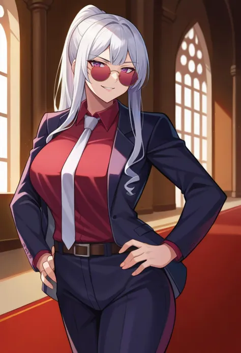 score_9, score_8_up, source_anime  BREAK solo, 1girl, looking at viewer, cowboy shot, 
 <lora:Ak12PdxlDwnsty-000008:1>, ak12suit,  white hair, ponytail, sidelocks, long hair, red shirt, white necktie, collared shirt, formal, business suit, black jacket, black pants, sunglasses, round eyewear, 
curvy, large breasts, serious, smirk, hands on own hips, 
indoors, palace, party, carpet,