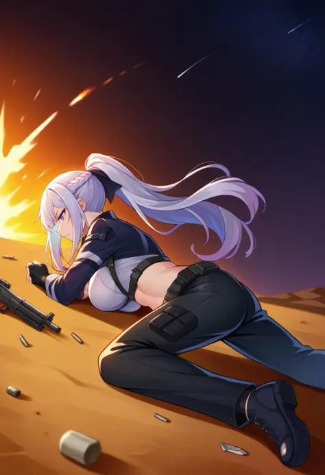 score_9, score_8_up, source_anime  BREAK solo, 1girl, full body, 
 <lora:Ak12PdxlDwnsty-000008:1>, ak12chick, purple eyes, white hair, long hair, sidelocks, ponytail, hair ribbon, french braid,black tactical clothes, multicolored jacket, long sleeves, black gloves, partially fingerless gloves, black pants,ak-12, weapon gun, holding gun, aiming, black boots, ass, 
curvy, large breasts, serious, 
desert, night, starry sky, ammunition belt, firing, explosion, war, from side, lying, on ground, stomach, destroyed building, broken glass, dutch angle, action, dust, smoke,