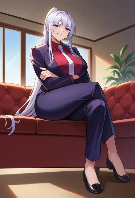 score_9, score_8_up, source_anime  BREAK solo, 1girl, looking at viewer, full body, 
 <lora:Ak12PdxlDwnsty-000008:1>, ak12suit, purple eyes, white hair, ponytail, sidelocks, long hair, red shirt, white necktie, collared shirt, formal, business suit, black jacket, black pants, black shoes, 
curvy, large breasts, serious, smirk, 
indoors, living room, couch, on couch, crossed legs, crossed arms, from below,