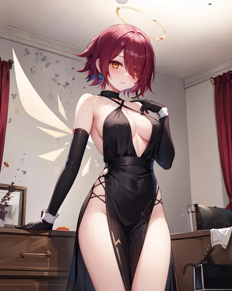 halo, detached wings, energy wings, exusiai \(arknights\), 1girl, solo,  (black dress, long dress, criss-cross halter,  elbow gloves, sleeveless, pelvic curtain,  ), hair over one eye, night ,indoors, <lora:exusiai-1001:1>