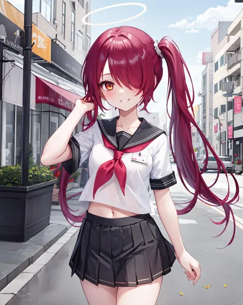 1girl, solo,halo, exusiai \(arknights\), (female child,long hair,:1.3),side ponytail,   small breasts,looking at viewer,hair over one eye,  standing, detached wings, energy wings,  (serafuku, red neckerchief,  short sleeves,black pleated skirt), navel,  (grin:0.8), sky, street,<lora:exusiai-1001:1>