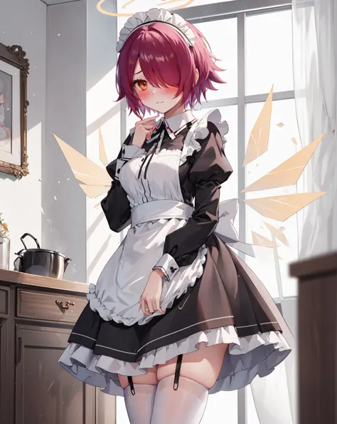 exusiai \(arknights\), 1girl, solo,standing, hair over one eye, (maid, long sleeves, maid apron, maid headdress,white thighhighs, ), halo, detached wings, energy wings, night ,indoors,blush, embarrassed, <lora:exusiai-1001:1>