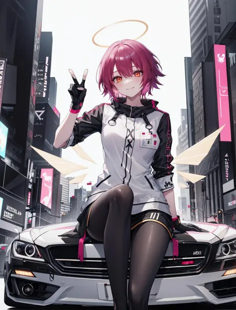 exusiai \(arknights\), 1girl, solo,main_outfit, sitting on the car, black gloves, pantyhose, halo, detached wings, energy wings, smile,peace sign, cyberpunk city, neon lights, night ,car <lora:exusiai-1001:1>