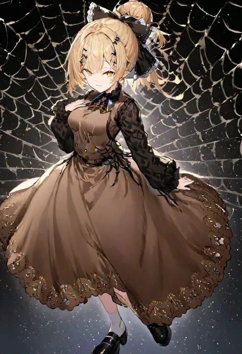 masterpiece, best quality, ultra-detailed, beautiful, nai3, 1boy, solo, full_body, tachi-e, 
kurodani_yamame, 1girl, spider_webs, too_many_spider_webs, too_many_lace, lace, blonde hair, short hair, dress, ribbon, hair bow, brown eyes, ponytail, hair bow, yellow eyes, brown dress, long sleeves, silk, spider web, hair_bun, chignon, white_socks, black_footwear, shoes, boots, mary_janes, idol, brown_clothes, brown_long_skirt, brown_vest, Noble, darkness_hiding, smile,