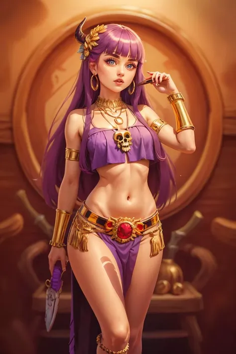 (masterpiece, best quality:1.2), solo, 
beautiful eyes, 
<lora:Egyptian_Icons:0.7>, Egyptian_Icons, still life, gold, sparkle,
golden harem outfit, iridescent gold, golden necklace, golden anklets, golden bracelets, golden belt, golden chain decoration,
cowboy shot,  <lora:Savage_Design:0.7> Savage_Design,  bone necklace, tribal,  <lora:CHAR-Fern:0.7> FernFrieren, very long hair, blunt bangs, straight bangs, purple eyes, (purple pupils),
pelvic curtain, crop top,
demon bones, demon skull,