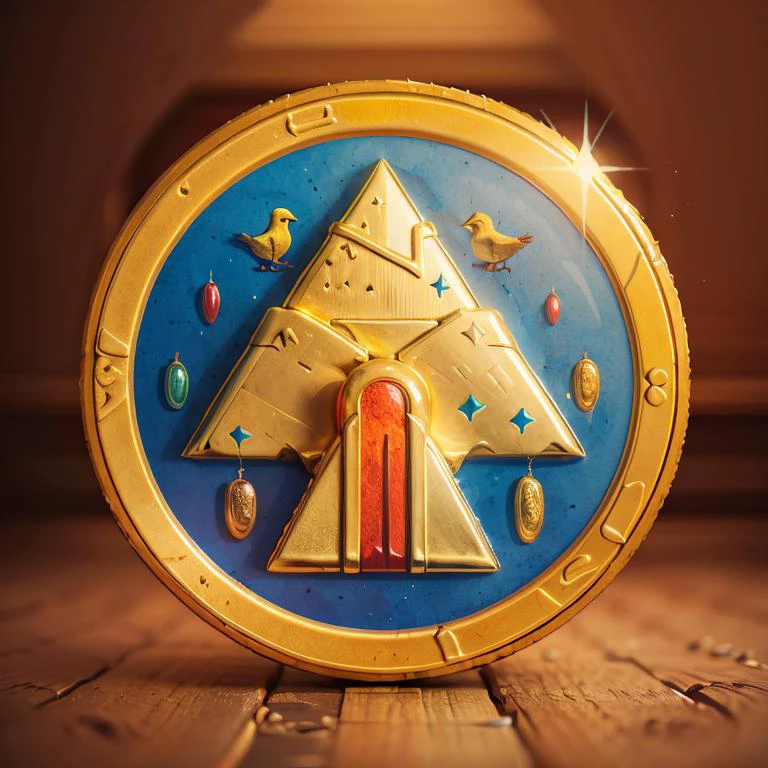 <lora:Style_of_the_Winds:0.8>,((masterpiece,best quality)), absurdres, <lora:Egyptian_Icons:0.7>, Egyptian_Icons, no humans, coin, bird symbol, still life, gold, sparkle,
