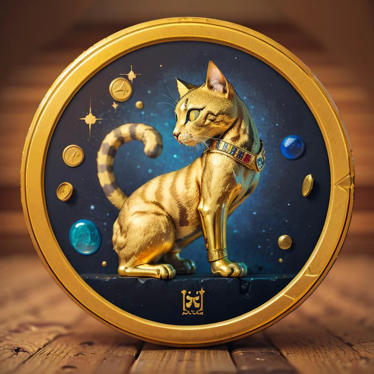 <lora:Style_of_the_Winds:0.8>,((masterpiece,best quality)), absurdres, <lora:Egyptian_Icons:0.7>, Egyptian_Icons, no humans, coin, cat, still life, gold, sparkle,
