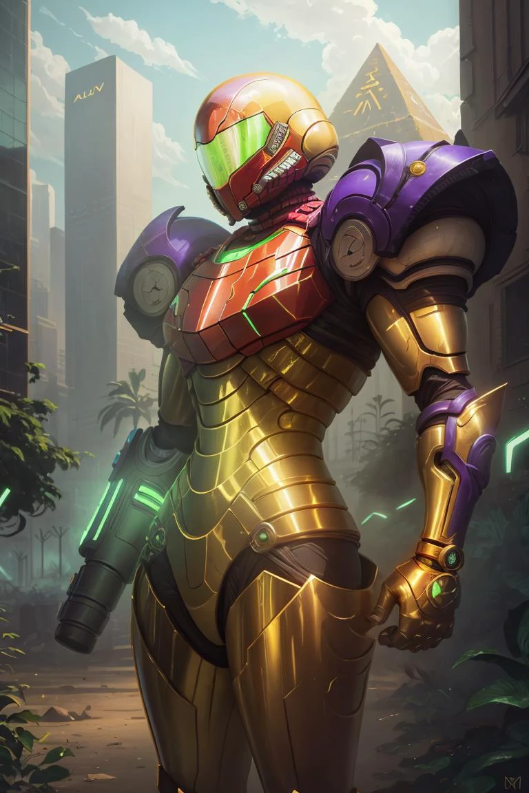 ((masterpiece,best quality)), <lora:Samus_Varia_Suit:0.8>, samus aran, helmet, <lora:Egyptian_Icons:0.5>, Egyptian_Icons, still life, gold, sparkle, golden outfit, iridescent gold, golden necklace, golden anklets, golden bracelets, golden belt, golden chain decoration, (purple armor:1.2), science fiction, varia suit, arm cannon, aura, glowing, neon trim, solo, cowboy shot, (pyramid, outside, futuristic, city background:1.1),