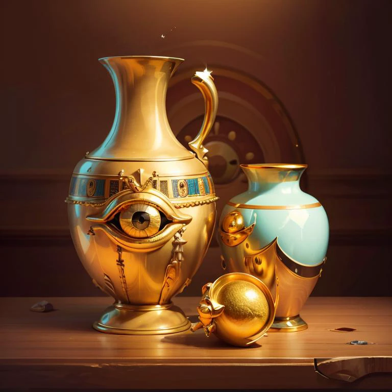 ((masterpiece,best quality)), absurdres, <lora:Egyptian_Icons:0.8>, Egyptian_Icons, no humans, still life, gold, sparkle, hieroglyphs , eye, vase, Canopic jar,