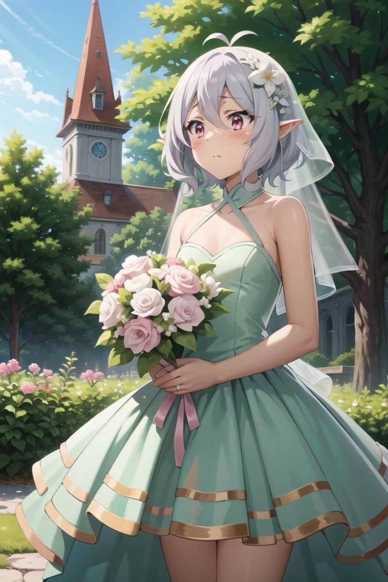 masterpiece, best quality, cowboy shot, 1girl, small chest, light green bride veil, <lora:wedding_princess:0.25>, light green wedding princess dress, standing, holding bouquet,
<lora:PrincessConnect_Kokkoro:0.6>, Kokkoro, grey hair, short hair, antenna hair, pink eyes, hair flower, pointy ears, looking away, blush, shy,
in front of church, in the garden,