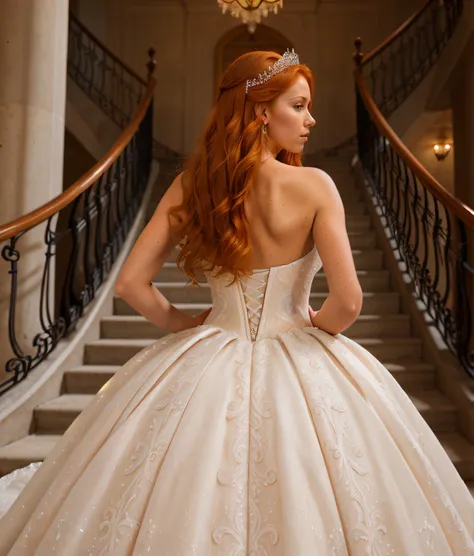 upper body photo of masterpiece, stunning photo of a hot ginger redhead woman, <lora:wedding_princess:0.3> wedding princess dress, staircase, back view, (high detailed skin:1.4), 8k uhd, dslr, high quality, film grain, Fujifilm XT3, no bra, light rain