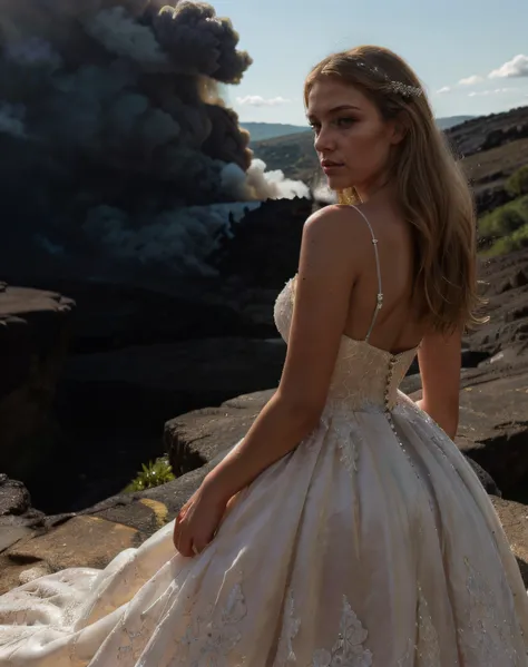 hyperdetailed photography of 24yo woman, blonde, dark theme, soothing tones, muted colors, high contrast, look at at viewer, contrasty, vibrant, intense, stunning, captured in the late afternoon sunlight, using a Canon EOS R6 and a 16-35mm to capture every detail and angle, with emphasis on the lighting and shadows, late afternoon sunlight, 8K, <lora:wedding_princess:0.3> wedding princess dress, staircase, back view, married, wedding ring, A volcanic landscape with flowing lava, blackened rocks, and billowing smoke, 8k uhd, dslr, high quality, film grain, Fujifilm XT3, <lora:DETAIL_SLIDER_BY_STABLE_YOGI:0.8>
