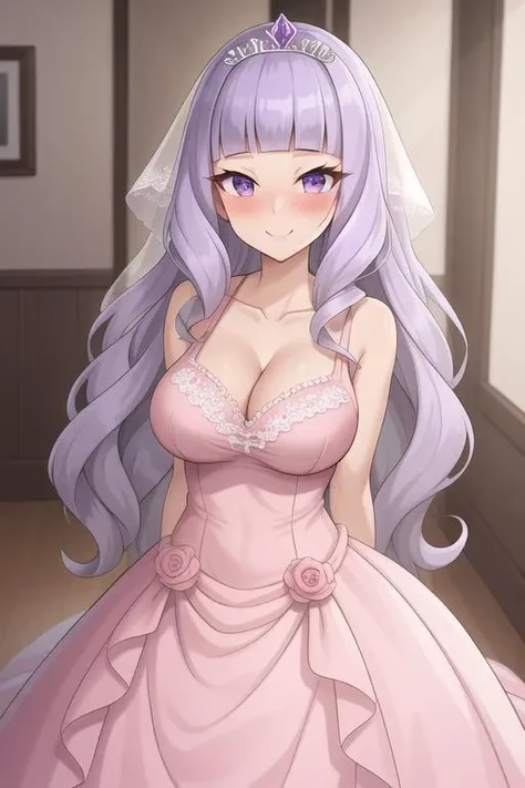 outline, pov, ballerina, indoors, mature female, toned, (long hair:1.2), (wavy hair:1.3),  ADDCOMM light purple hair, (hime cut, short blunt bangs:1.5), purple eyes, long eyelashes, tiara, embarrassed, blush, smile, closed mouth, bridal veil,    ADDROW
(pink:1.3) camisole, sleeveless, form fitting, large breasts, cleavage, arms behind back, <lora:TankTopSkinTight:0.5>  ADDROW
(pink:1.3) wedding princess dress