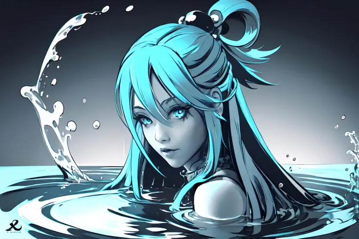 Highly detailed, High Quality, Masterpiece, beautiful, 1girl, solo, ExCharny, <lora:ExCharny:1>, aqua theme, monochrome, aqua \(konosuba\), blue eyes, blue hair, hair ornament, hair rings, long hair, single hair ring, very long hair, water, <lora:Char_Konosuba_Aqua:0.65>