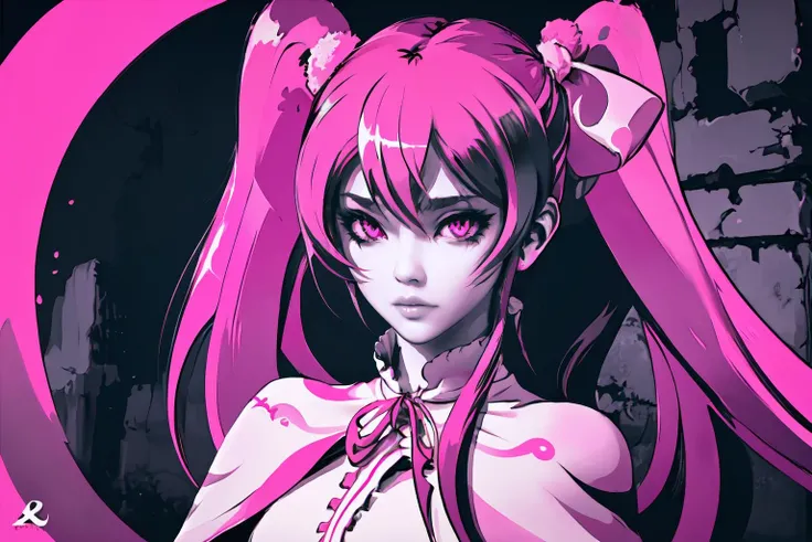 Highly detailed, High Quality, Masterpiece, beautiful, 1girl, solo, ExCharny, <lora:ExCharny:1>, pink theme, mine \(akame ga kill!\), twintails, dress, ribbon, capelet, <lora:Char_AkameGaKill_Mine:0.8>, monochrome,