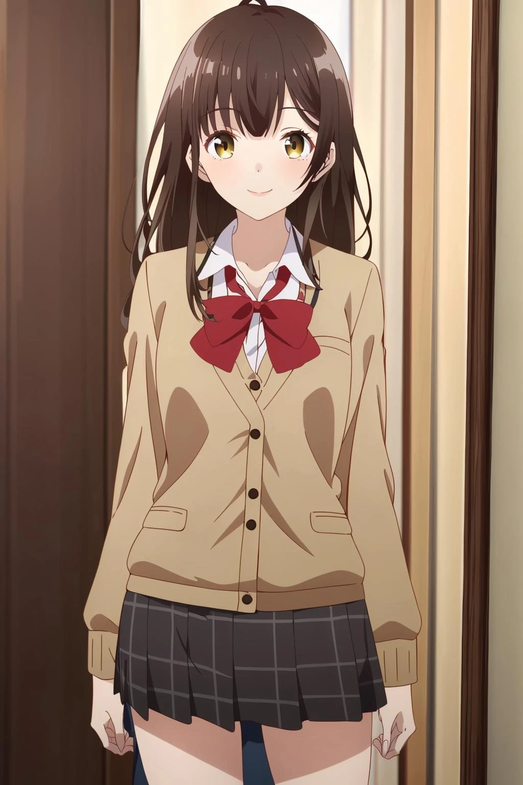 <lora:è»åæ²ä¼1V-000010:0.8>,è»åæ²ä¼,1girl,solo,yellow eyes,long hair,brown hair,bangs,
blazer,school uniform,plaid skirt,brown skirt,brown skirt,black skirt,miniskirt,kneehighs,brown sweater,red bowtie,cowboy shot,
smile, looking at viewer, v arms, Exquisite visuals, high-definition,masterpiece,best quality,