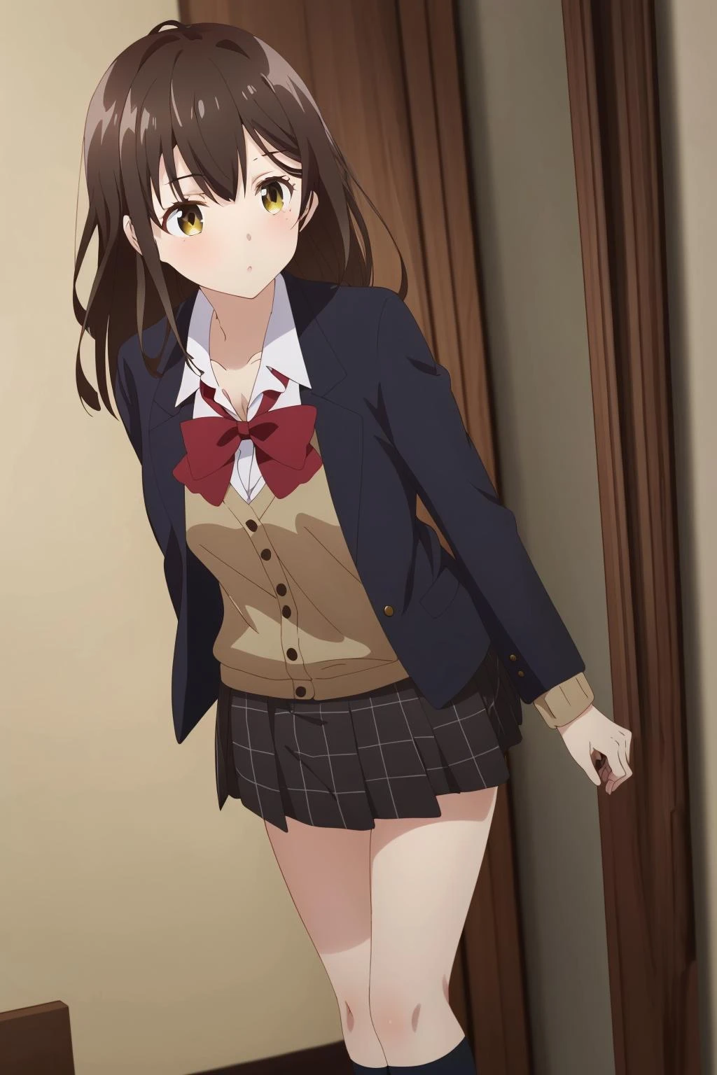 <lora:è»åæ²ä¼1V-000010:0.8>,è»åæ²ä¼,1girl,solo,yellow eyes,long hair,brown hair,bangs,
blazer,school uniform,plaid skirt,brown skirt,brown skirt,black skirt,miniskirt,kneehighs,brown sweater,red bowtie,cleavage,, Exquisite visuals, high-definition,masterpiece,best quality,