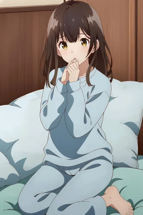 Masterpiece、high resolution、female、Adult women、((Twenty years old))、pajamas、((Brown shorthair))、((Peeing))、(((Pee)))、Looking into the distance、I'm in trouble、Embarrassing、Trouble、cry、Trembling、Blushing cheekouth breathing、(Open your mouth)、Arms folded behind back、Spread your legs、Are standing、((Sitting on the floor))、Spread your legs wide、bow-legged