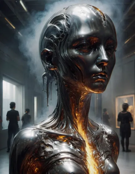 bust of 20 year old AIS-MOLTENZ woman, in the futuristic museum. Dust, smoke, fog