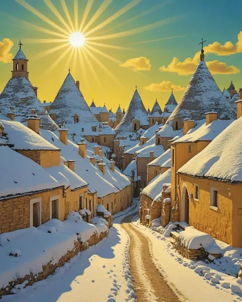by Vincent Di Fate, landscape of a [Alberobello|Arches National Park], Snowing, sfumato, Sun Rays, <lora:pop_art:5> pop art