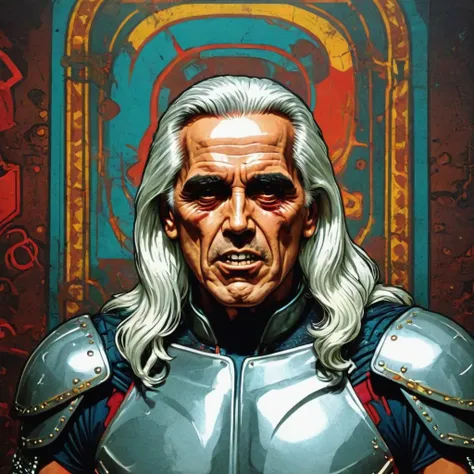 <lora:pop_art:10>pop art, old man, muscular, 70 year old, crazy happy, angry unstable, intense look, long white hair, medieval Cronenberg, dungeon, fitness, studded leather armor, 8k ultra detailed, alphonse mucha, Donatio Giancola