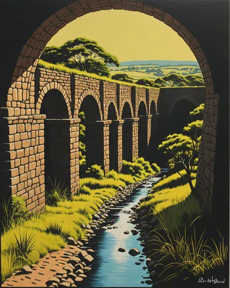 [art by Barthel Bruyn the Younger| (Anton Mauve:1.2) ], On pale black paper, landscape of a Kenya from inside of a Aqueduct, Sunny, Amaro, <lora:pop_art:5> pop art