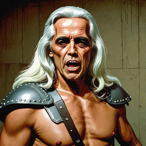<lora:pop_art:>pop art, old man, muscular, 70 year old, crazy happy, angry unstable, intense look, long white hair, medieval Cronenberg, dungeon, fitness, studded leather armor, 8k ultra detailed, alphonse mucha, Donatio Giancola