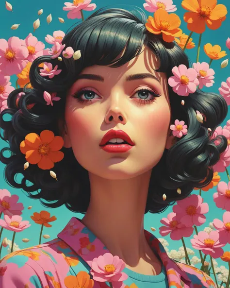 stylized by Ilya Kuvshinov, Tom Bagshaw and WLOP, 3d blender render, hyper detailed, selfie shot angle of a"The Language of Bliss", Spring, <lora:pop_art:5> pop art
