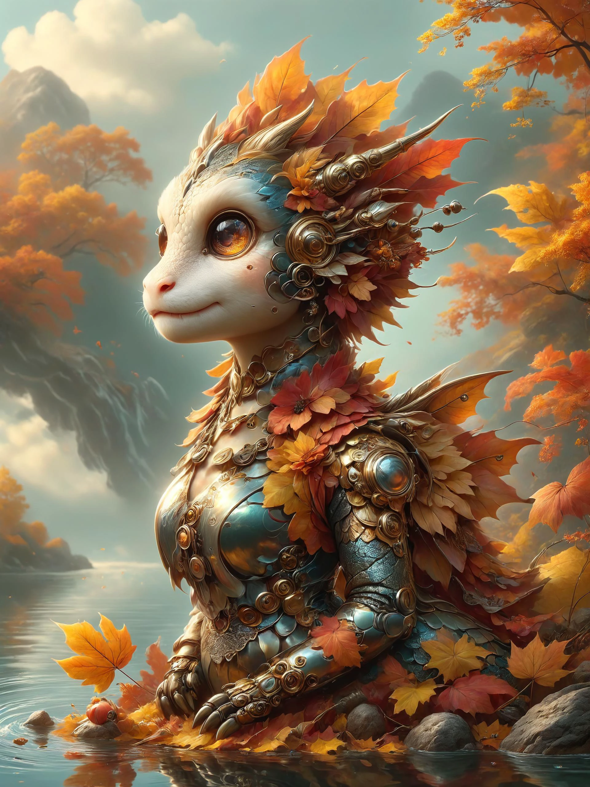 ais-rbts ral-smoldragons wearing an outrageous fashion outfit, Tranquil lake reflecting autumn colors in the background,,,, elegant, highly detailed, digital painting, artstation, concept art, smooth, sharp focus, illustration, art by artgerm and greg rutkowski and alphonse mucha<lora:RBTS_STYLE:0.6> <lora:ral-smoldragons:0.7> <lora:outrageous_fashion:0.6> <lora:xl_more_art-full_v1:0.4> <lora:MJ52:0.3> <lora:EnvyCreativeOutfitXL01:0.6> <lora:EnvyDynamicPoseXL01:0.7>
