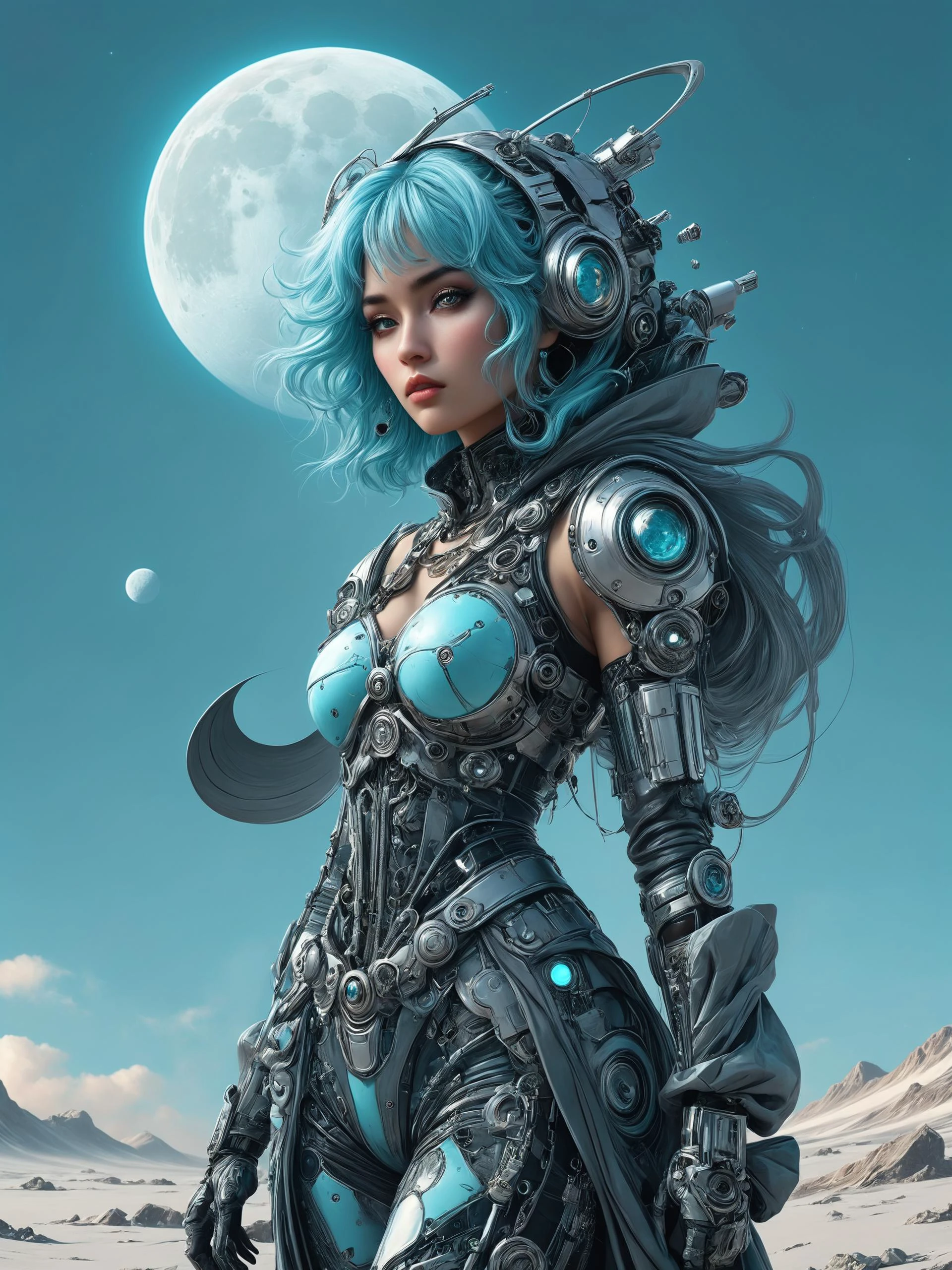 ais-rbts Woman wearing an outrageous fashion outfit, Barren moon surface with craters in the background,,,, subtle touches of cyan by Michael Whelan, Bob Larkin and Tomer Hanuka, simple illustration, domestic, nostalgic, clean, full of details, by Makoto Shinkai and thomas kinkade, Matte painting, trending on artstation and unreal engine, New Yorker magazine cover<lora:RBTS_STYLE:0.6> <lora:outrageous_fashion:0.6> <lora:xl_more_art-full_v1:0.4> <lora:MJ52:0.3> <lora:EnvyCreativeOutfitXL01:0.6> <lora:EnvyDynamicPoseXL01:0.7>