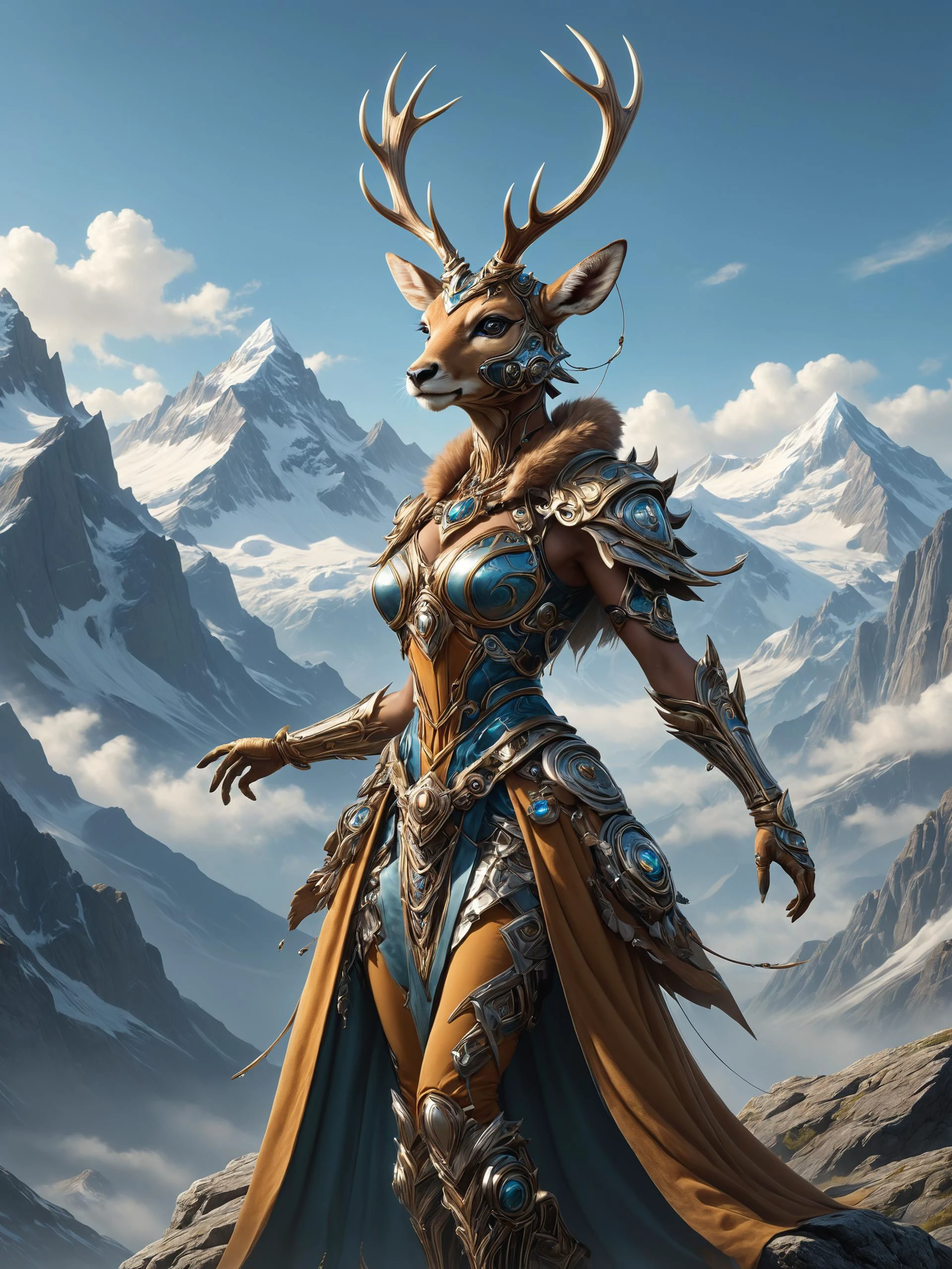 ais-rbts anthro Deer wearing an outrageous fashion outfit, Rocky mountain peaks under clear sky in the background,,,, Anthropomorphized, casting epic spell, magic the gathering artwork, D&D, fantasy, cinematic lighting, centered, symmetrical, highly detailed, digital painting, artstation, concept art, smooth, sharp focus, illustration, volumetric lighting, epic Composition, 8k, art by Akihiko Yoshida and Greg Rutkowski and Craig Mullins, heroic<lora:RBTS_STYLE:0.6> <lora:outrageous_fashion:0.6> <lora:xl_more_art-full_v1:0.4> <lora:MJ52:0.3> <lora:EnvyCreativeOutfitXL01:0.6> <lora:EnvyDynamicPoseXL01:0.7>