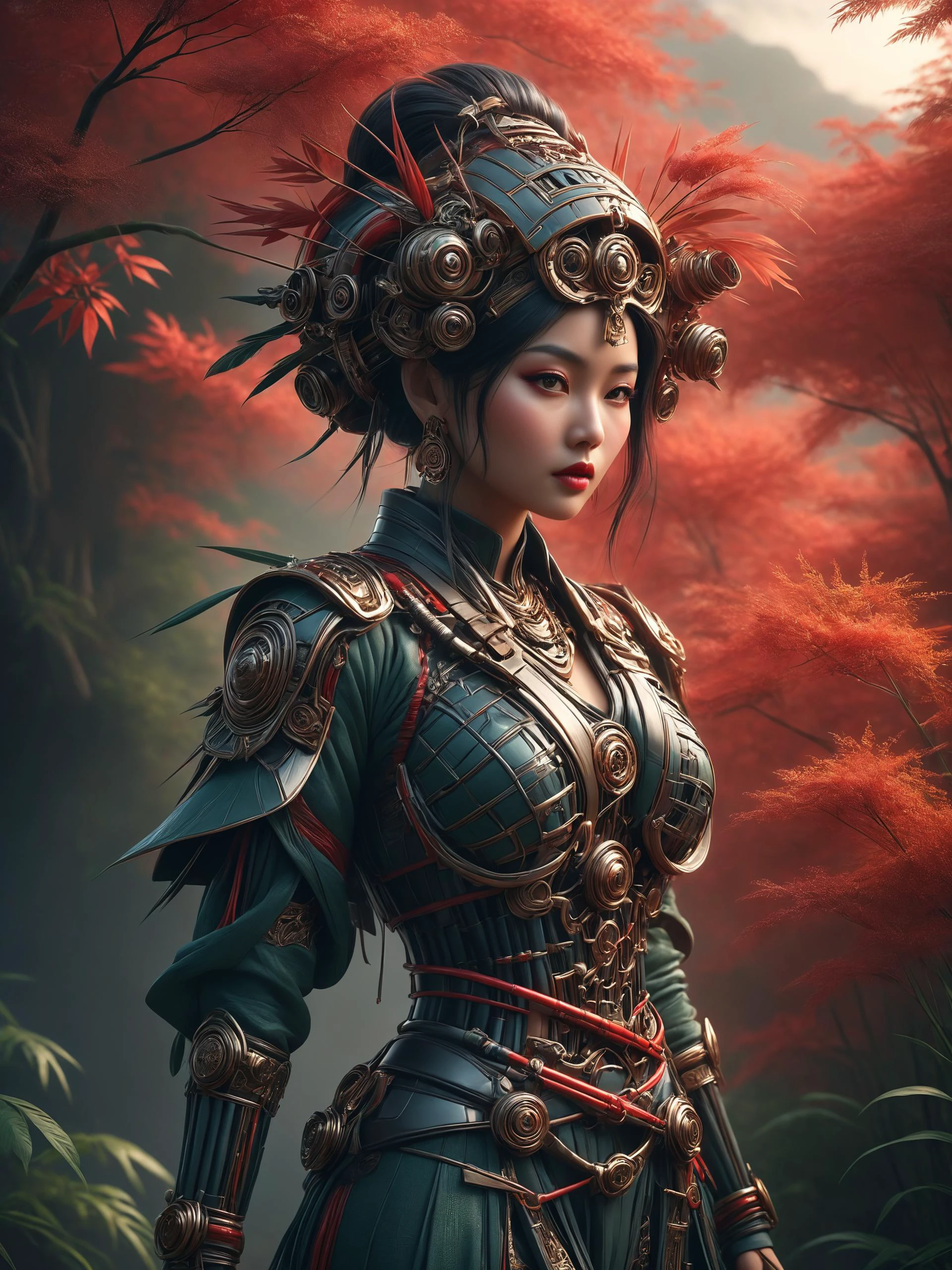 ais-rbts Woman wearing an outrageous fashion outfit, Bamboo forest with winding pathways in the background,,,, subtle oriental lights, details, smooth, sharp focus, illustration, realistic, cinematic, artstation, award winning, rgb, unreal engine, octane render, cinematic light, macro, depth of field, blur, red light and clouds from the back, highly detailed epic cinematic concept art CG render made in Maya, Blender and Photoshop, octane render, excellent composition, dynamic<lora:RBTS_STYLE:0.6> <lora:outrageous_fashion:0.6> <lora:xl_more_art-full_v1:0.4> <lora:MJ52:0.3> <lora:EnvyCreativeOutfitXL01:0.6> <lora:EnvyDynamicPoseXL01:0.7>