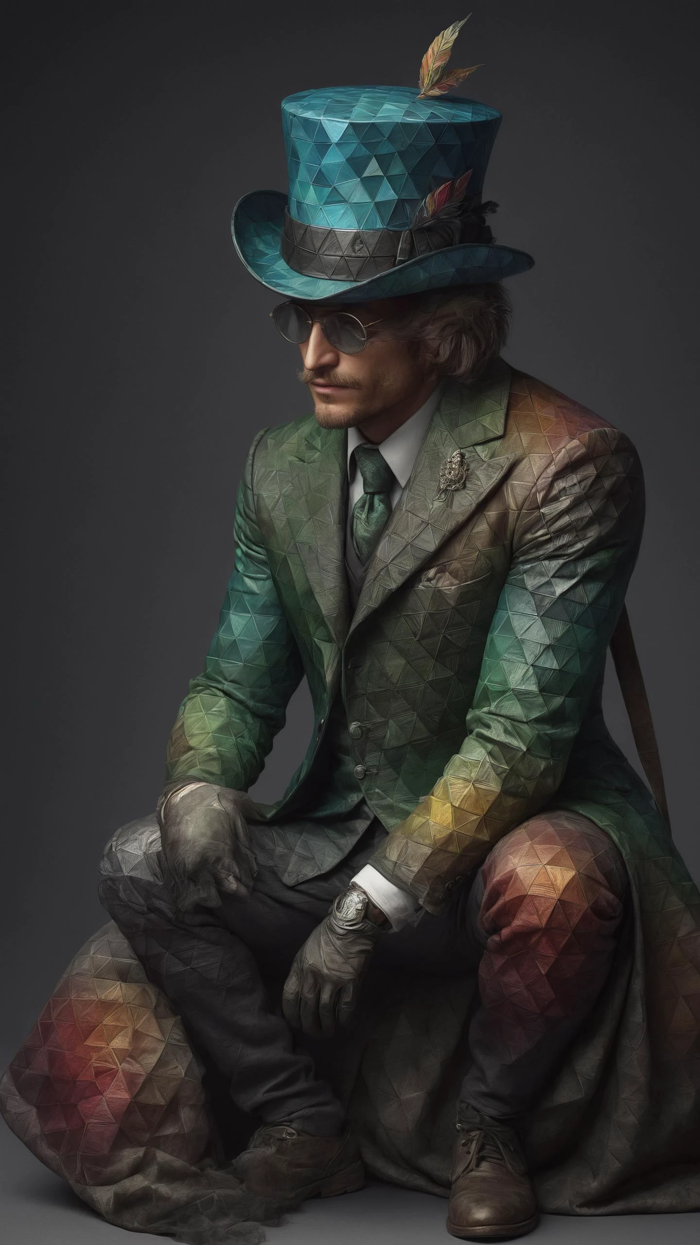Top-hatted gentleman with monocle wearing a <lora:Colorful_Triangles_SDXL:0.8> mad-triangles outrageous fashion outfit, (Kneeling thoughtfully, introspective pose), in the background A medieval castle on a hill, its ramparts providing panoramic views of a meandering river and lush green valleys<lora:EnvyCreativeOutfitXL01:0.8> <lora:outrageous_fashion:0.8>, <lora:gorgoeus_splash_of_vibrant_paint:0.8> Gorgeous splash of vibrant paint, <lora:EnvyDynamicPoseXL01:0.6>