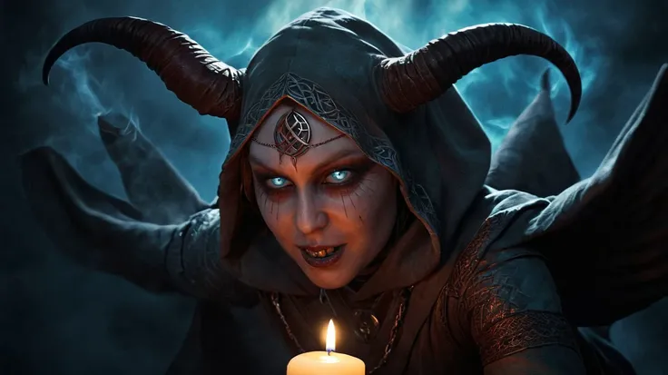 <lora:CulturePunkAI_2:0.6>(CeltPunkAI), male, solo, Painstaking Attention To Details, subsurface scattering, microgeometry BREAK (style-swirlmagic:1.0), portrait, looking down, solo, half shot, dynamic pose, detailed background, (occult, cultist theme:1.1) eyes aflame with dark magic, evil smile, vampiric dark angel, evil to the core, dying sunlight, casting a spell, hex, hooded elaborate vestments of the night, skull decorations, carrying the dark orb of the occult, fiery satanic horns, icy tundra, bringer of the false light, dark magic, dark clouds, floating particles, pestilence, decadence corruptor, dark magic light blue sparks in the air, dark aura, chains, midnight, candles, summoning circle BREAK <lora:EnvyDynamicPoseXL01:1> <lora:SDXL_Dices_Mega_Detail_v1:1.0>