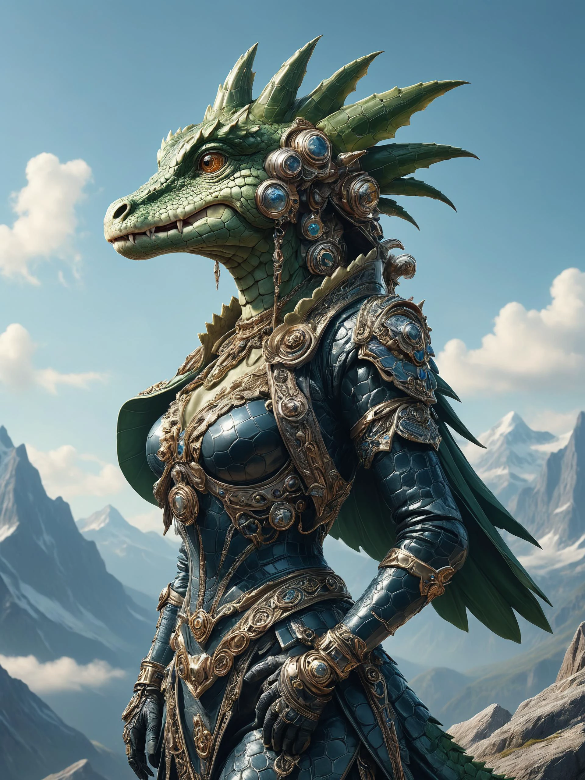 ais-rbts anthro Alligator wearing an outrageous fashion outfit, Rocky mountain peaks under clear sky in the background,,,, Photorealistic beautiful glamourous face and figure, art nouveau, mid-shot, highly detailed, trending on ArtStation, Unreal Engine 4k, cinematic wallpaper by Stanley Artgerm Lau, WLOP, Rossdraws, James Jean, Andrei Riabovitchev, Marc Simonetti, and Sakimichan<lora:RBTS_STYLE:0.6> <lora:outrageous_fashion:0.6> <lora:xl_more_art-full_v1:0.4> <lora:MJ52:0.3> <lora:EnvyCreativeOutfitXL01:0.6> <lora:EnvyDynamicPoseXL01:0.7>