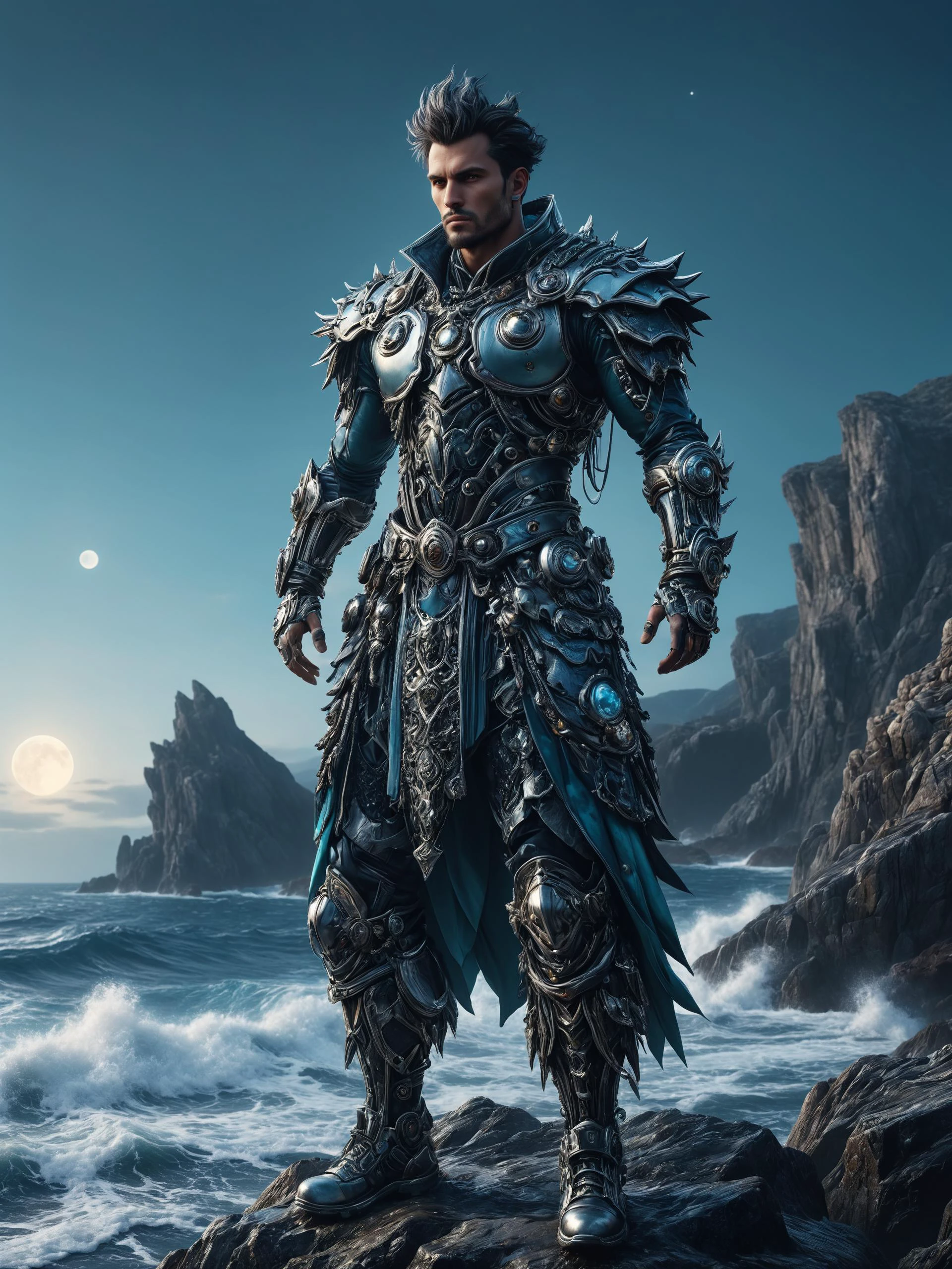 ais-rbts Man wearing an outrageous fashion outfit, Moonlit seascape with rocky shores in the background,,,, subtle colors, ð¸, 8k octane beautifully detailed render, post-processing, extremely hyperdetailed, intricate, epic composition, grim yet sparkling atmosphere, cinematic lighting + masterpiece, trending on artstation, very detailed, vibrant colors<lora:RBTS_STYLE:0.6> <lora:outrageous_fashion:0.6> <lora:xl_more_art-full_v1:0.4> <lora:MJ52:0.3> <lora:EnvyCreativeOutfitXL01:0.6> <lora:EnvyDynamicPoseXL01:0.7>