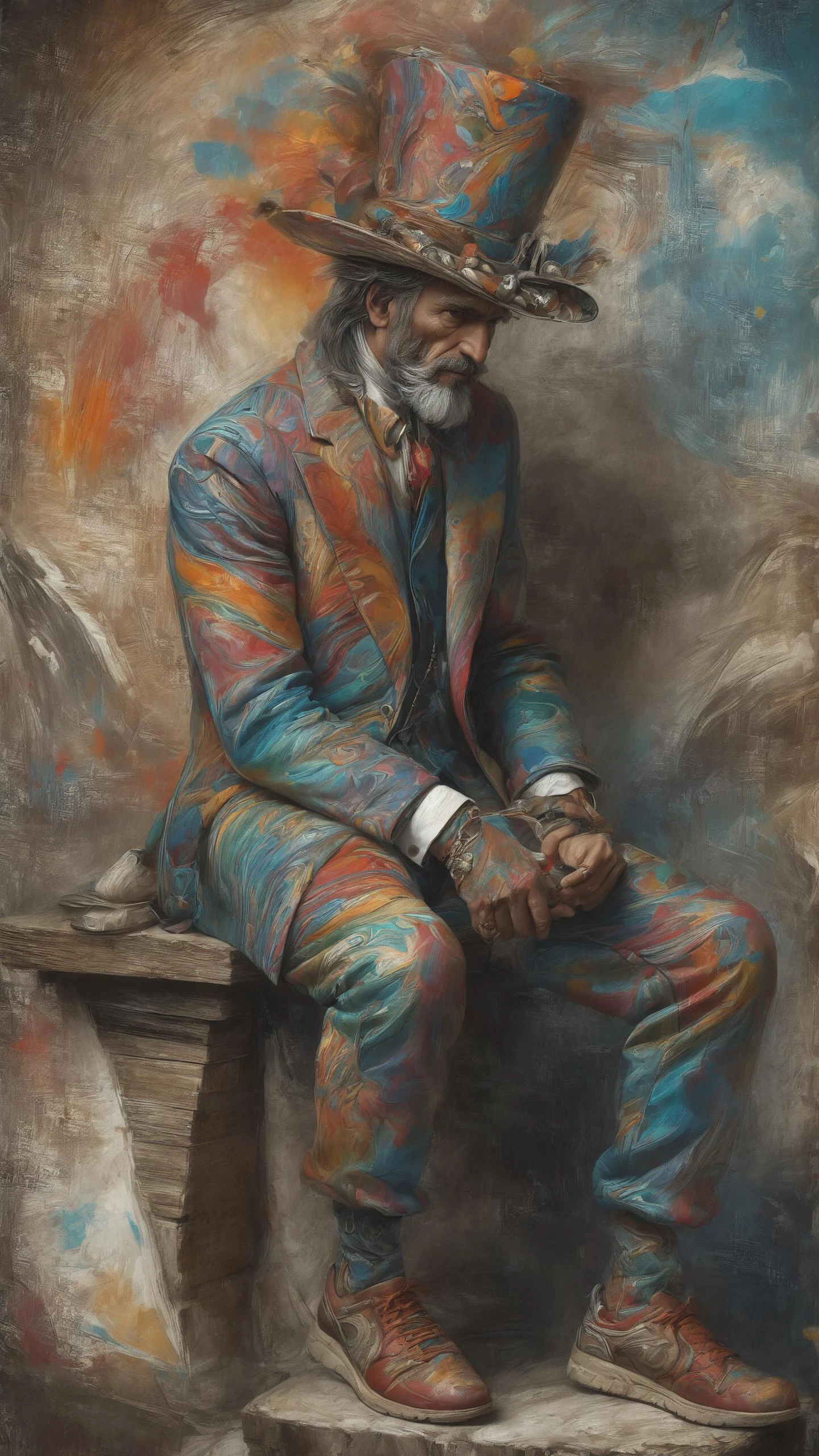 Bowler-hatted man with pocket watch wearing a <lora:Colorful_Marbled_Paper_SDXL:0.8> mad-marbled-paper outrageous fashion outfit, (Sitting on a ledge nonchalantly), in the background A Caribbean beach hut with a thatched roof, where the rhythm of steel drums fills the air<lora:EnvyCreativeOutfitXL01:0.8> <lora:outrageous_fashion:0.8>, <lora:gorgoeus_splash_of_vibrant_paint:0.8> Gorgeous splash of vibrant paint, <lora:EnvyDynamicPoseXL01:0.6>