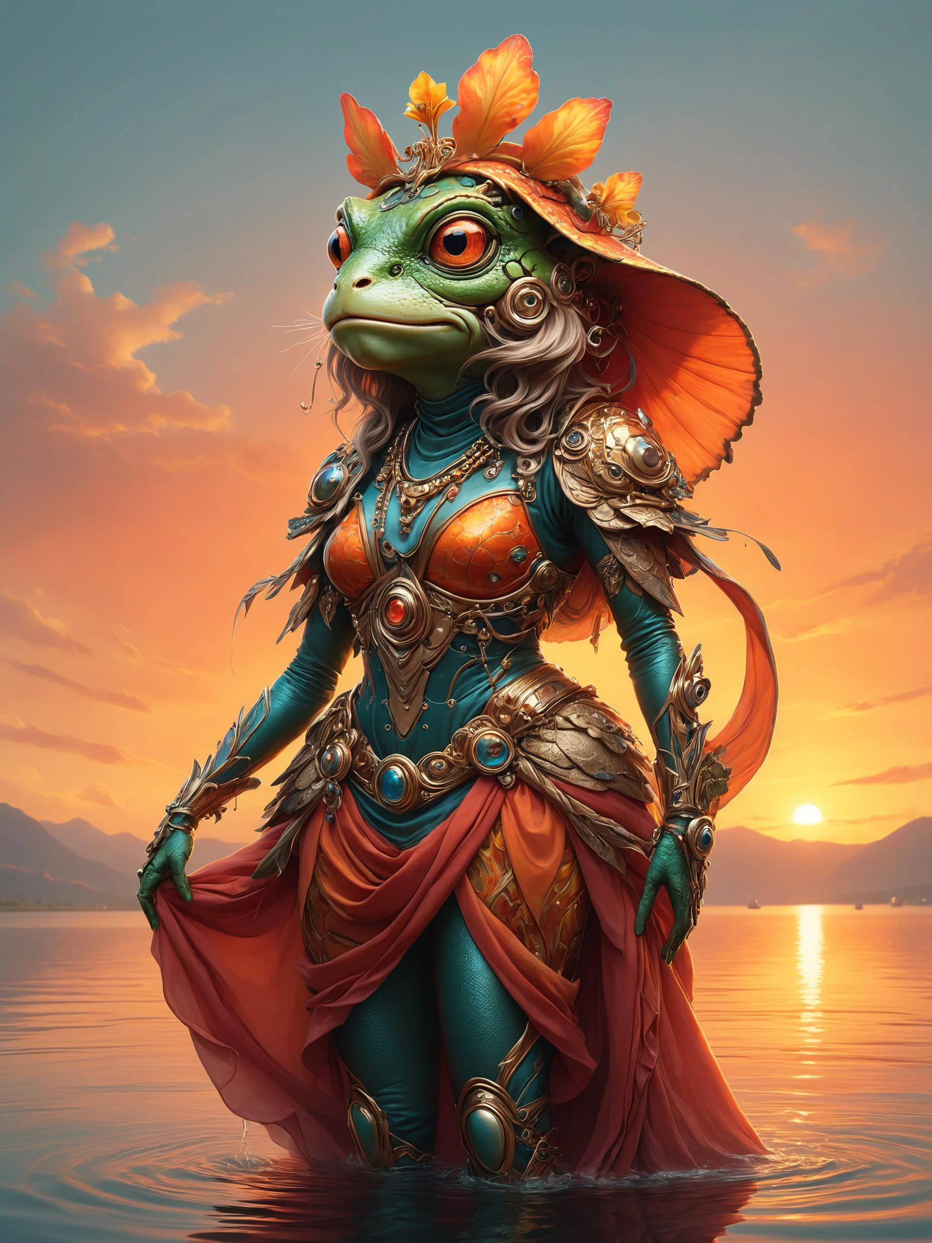 ais-rbts anthro Frog wearing an outrageous fashion outfit, Fiery sunset over calm lake in the background,,,, intricate, elegant, highly detailed, digital painting, artstation, concept art, smooth, sharp focus, illustration, art by artgerm and greg rutkowski and alphonse mucha<lora:RBTS_STYLE:0.6> <lora:outrageous_fashion:0.6> <lora:xl_more_art-full_v1:0.4> <lora:MJ52:0.3> <lora:EnvyCreativeOutfitXL01:0.6> <lora:EnvyDynamicPoseXL01:0.7>