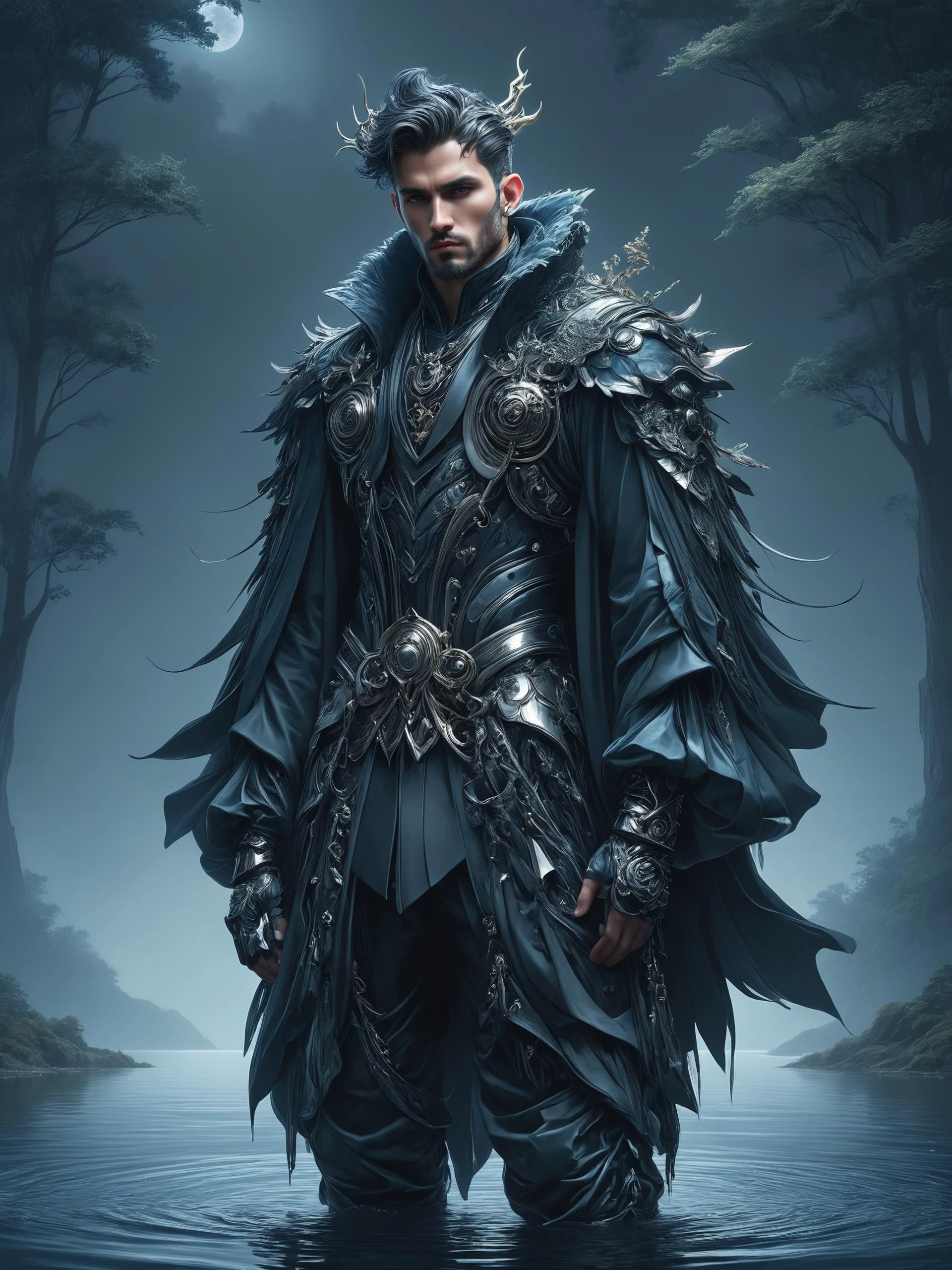 ais-rbts Man wearing an outrageous fashion outfit, Moonlit lake surrounded by silent forest in the background,,,, elegant, sharp focus, illustration, highly detailed, digital painting, concept art, matte, art by WLOP and Artgerm and Greg Rutkowski and Alphonse Mucha, masterpiece<lora:RBTS_STYLE:0.6> <lora:outrageous_fashion:0.6> <lora:xl_more_art-full_v1:0.4> <lora:MJ52:0.3> <lora:EnvyCreativeOutfitXL01:0.6> <lora:EnvyDynamicPoseXL01:0.7>