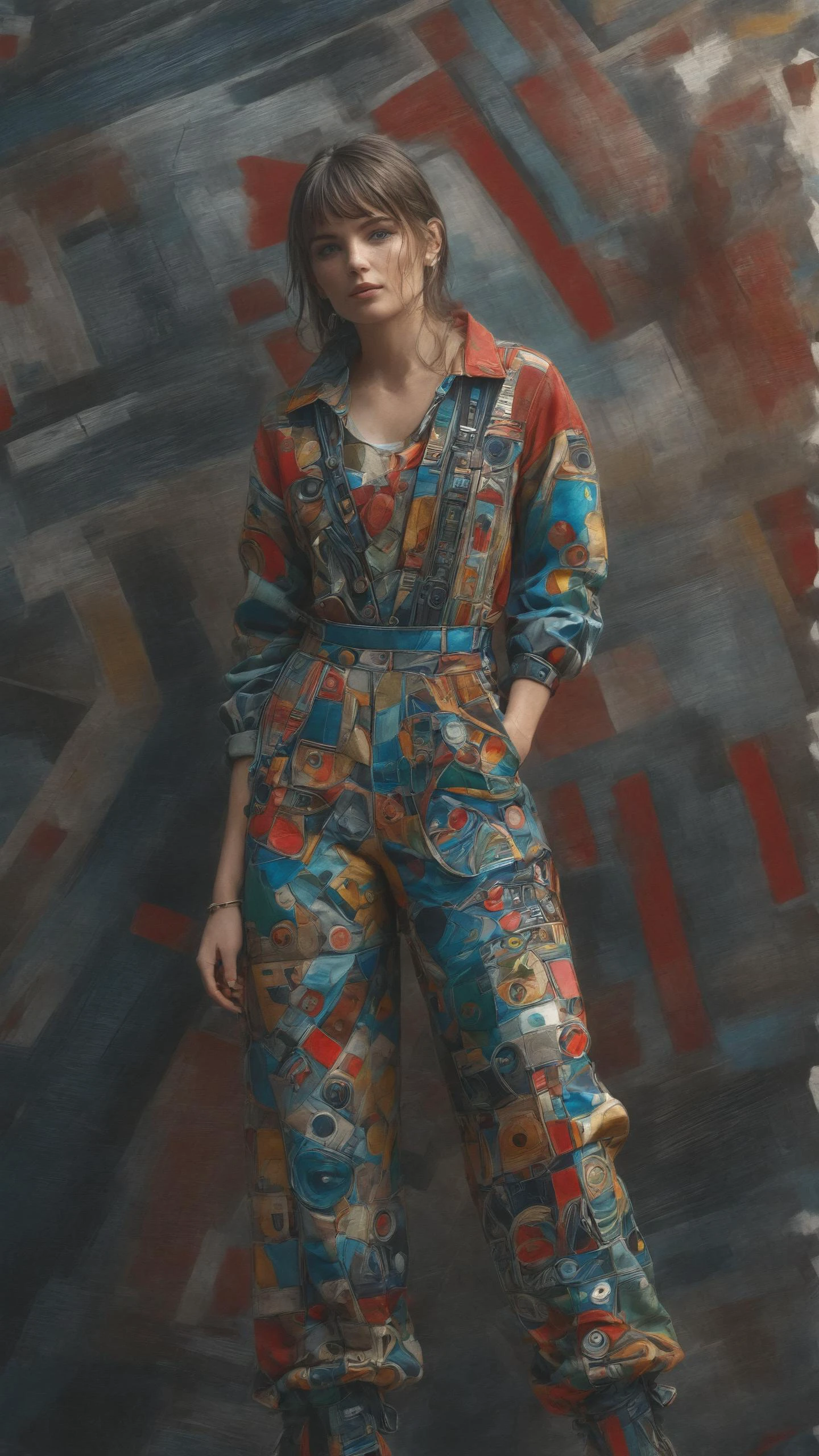 Industrial worker in soot-stained overalls wearing a <lora:Colorful_Mosaic_SDXL:0.8> mad_colorful_mosaic outrageous fashion outfit, <lora:EnvyDynamicPoseXL01:0.6>, in the background An Irish seaside cottage with a red door, where the crashing waves create a rhythmic lullaby<lora:EnvyCreativeOutfitXL01:0.8> <lora:outrageous_fashion:0.8>, <lora:gorgoeus_splash_of_vibrant_paint:0.8> Gorgeous splash of vibrant paint,