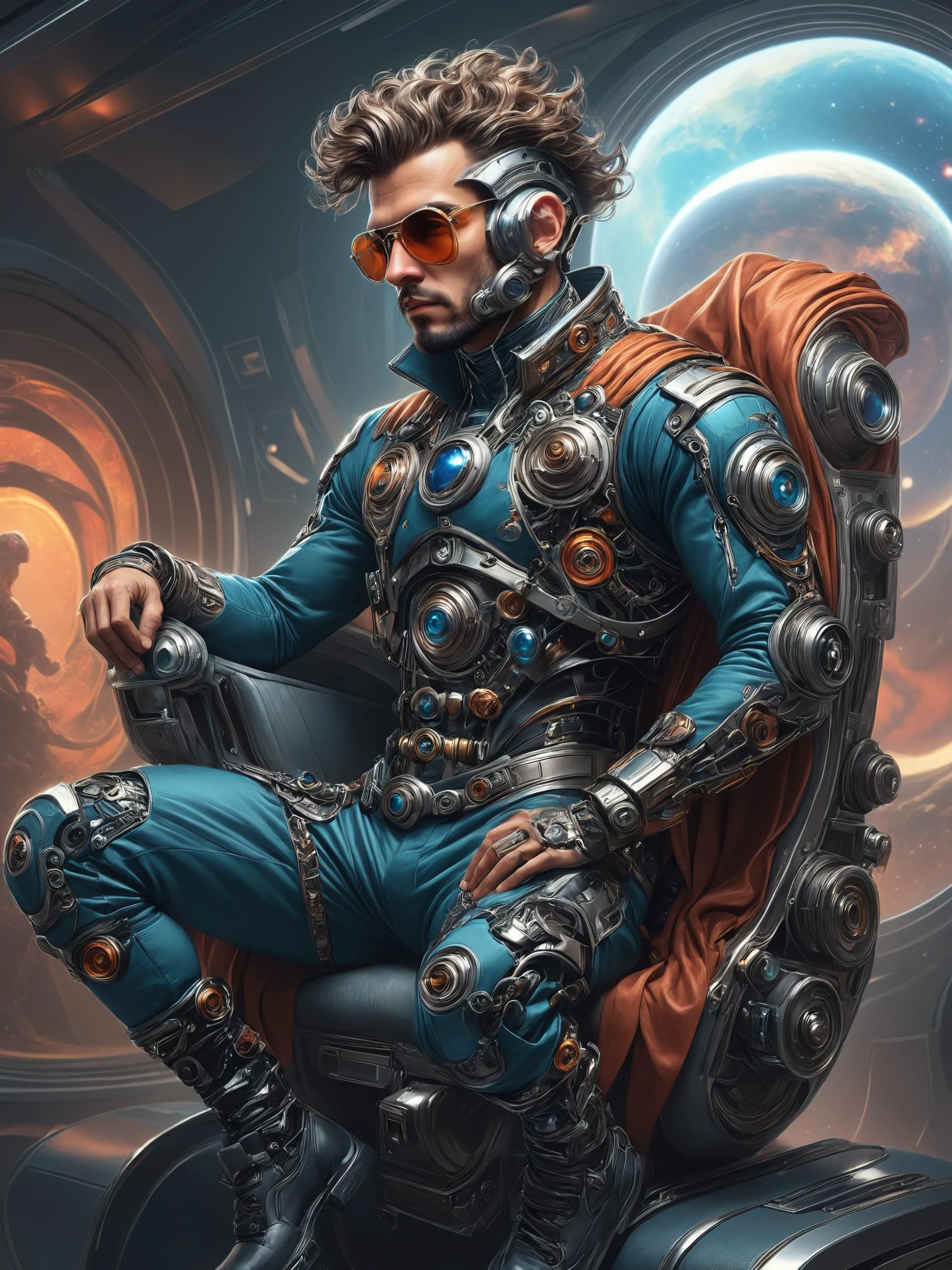 ais-rbts Man wearing an outrageous fashion outfit, Space station lounge with anti-gravity seating in the background,,,, elegant, ultra detailed, digital painting, artstation, concept art, smooth, sharp focus, colored illustration for tattoo, art by artgerm and greg rutkowski and alphonse mucha<lora:RBTS_STYLE:0.6> <lora:outrageous_fashion:0.6> <lora:xl_more_art-full_v1:0.4> <lora:MJ52:0.3> <lora:EnvyCreativeOutfitXL01:0.6> <lora:EnvyDynamicPoseXL01:0.7>