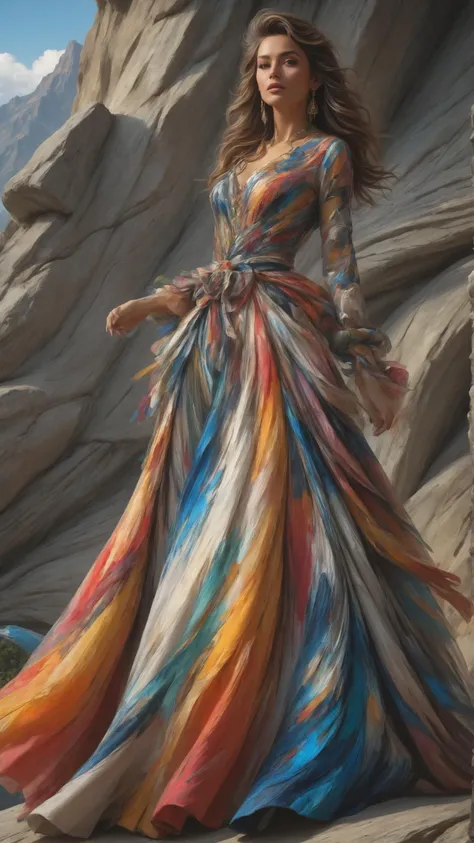 Posh lady in lavish ball gown wearing a <lora:Colorful_Expressionism_SDXL:0.8> mad-exp outrageous fashion outfit, (Hand on hip, asserting stance), in the background A cliffside monastery in the Himalayas, where monks meditate amidst fluttering prayer flags<lora:EnvyCreativeOutfitXL01:0.8> <lora:outrageous_fashion:0.8>,  <lora:gorgoeus_splash_of_vibrant_paint:0.8> Gorgeous splash of vibrant paint,  <lora:EnvyDynamicPoseXL01:0.6>