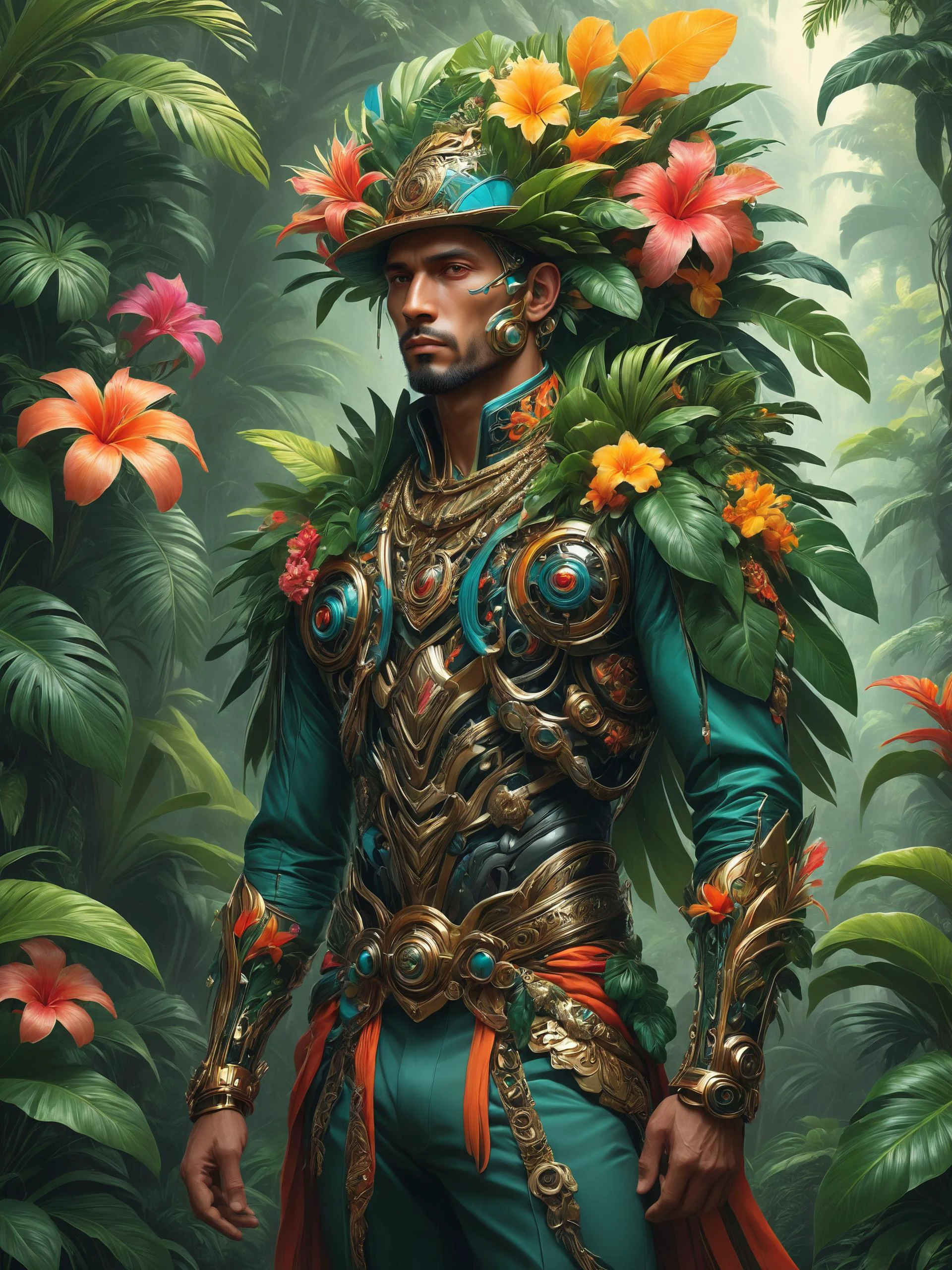ais-rbts Man wearing an outrageous fashion outfit, Tropical rainforest with vibrant flora in the background,,,, intricate, elegant, highly detailed, digital painting, artstation, concept art, smooth, sharp focus, illustration, art by artgerm and greg rutkowski and alphonse mucha<lora:RBTS_STYLE:0.6> <lora:outrageous_fashion:0.6> <lora:xl_more_art-full_v1:0.4> <lora:MJ52:0.3> <lora:EnvyCreativeOutfitXL01:0.6> <lora:EnvyDynamicPoseXL01:0.7>
