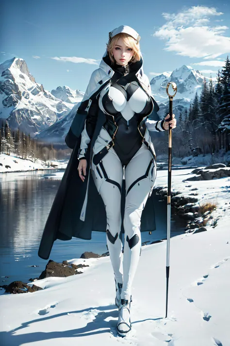 (masterpiece, best quality, ultra detailed, absurdres:1.5), 1girl, (sexy, beautiful woman, perfect face, perfect eyes, perfect female body, large breasts:1.5), (rapunzeldef, nun, bodysuit, holding staff, <lora:rapunzel-nikke-richy-v2:1>), (full body, standing, outdoors, mountains, winter), perfect lighting, smooth, hdr