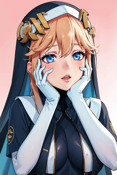 masterpiece, best quality, <lora:rapunzel-nikke-richy-v1:1> rapunzel, nun, habit, bodysuit, gloves, ahegao, <lora:yandere_trance:0.8> yandere trance, yandere, hands on own face, hands on own cheeks, pink background, gradient background